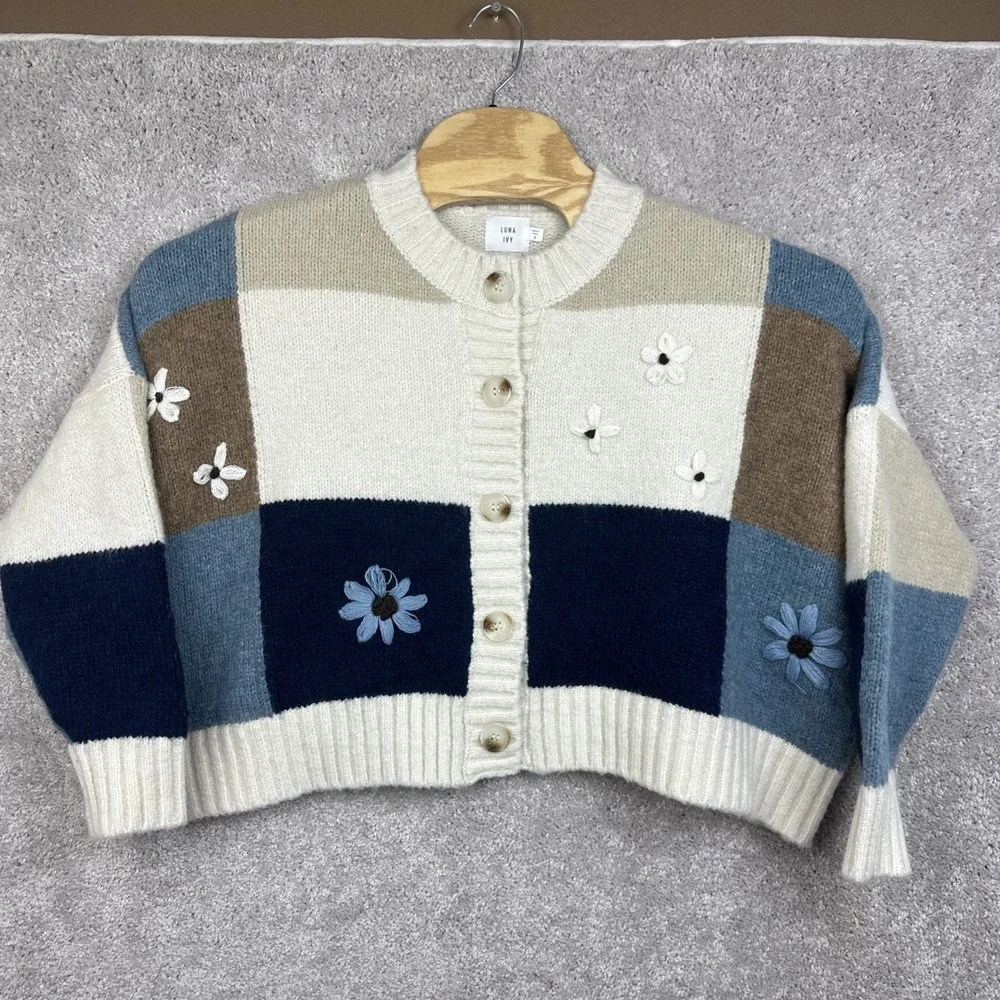 Luna Ivy 3D Crochet Oversized Patchwork Women's Floral Blue Tan Cardigan Sweater